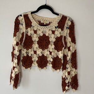 Rebellion Crochet Lace Crop Top - Cream and rust Brown XS NWOT